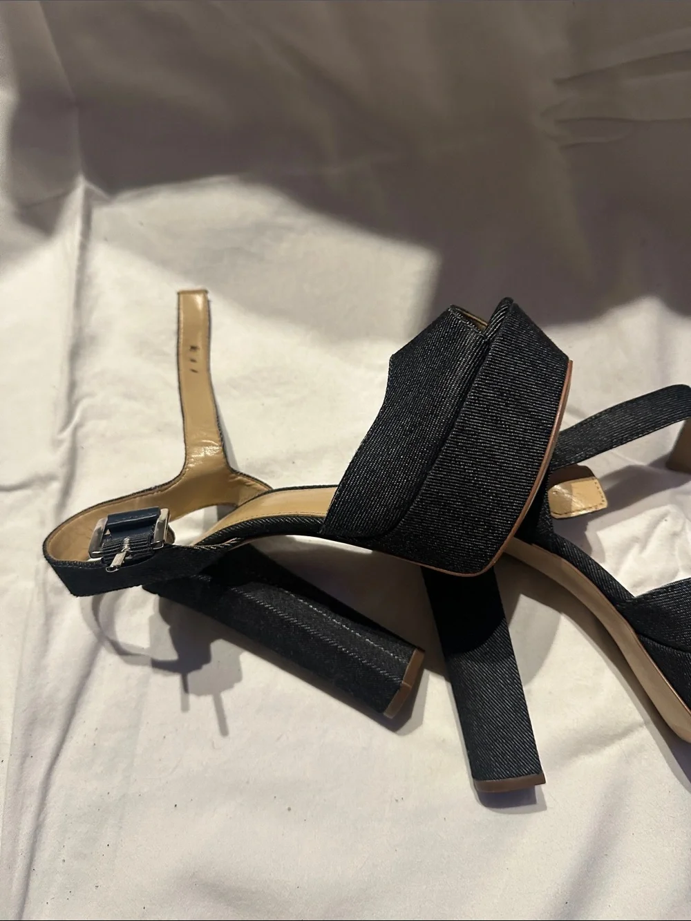 MICHAEL Michael Kors Black Denim Peep-Toe Block Heel Sandals